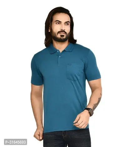 Stylish Navy Blue Cotton Blend Solid Polos For Men-thumb0