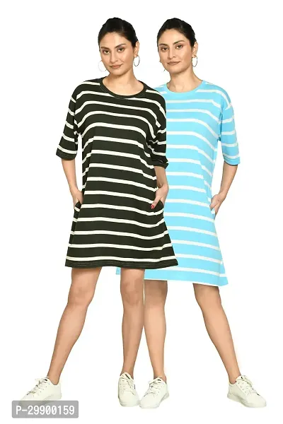 Stylish Multicoloured Cotton Blend Striped Round Neck A-Line Dress For Women Pack Of 2