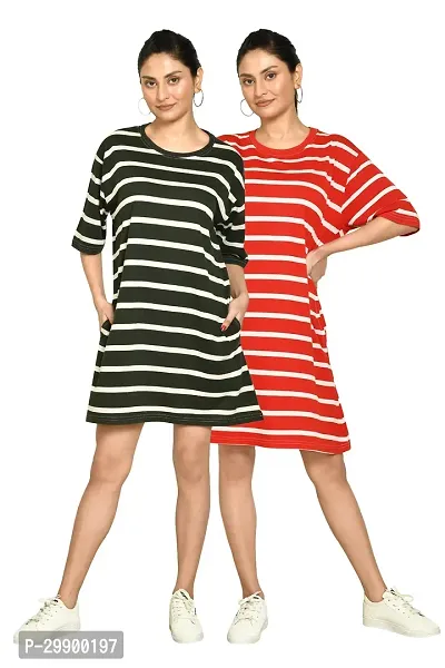 Stylish Multicoloured Cotton Blend Striped Round Neck A-Line Dress For Women Pack Of 2-thumb0