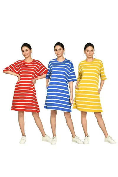 Stylish Blend Striped Round Neck A-Line Dress For Women Pack Of 3