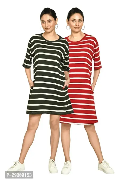 Stylish Multicoloured Cotton Blend Striped Round Neck A-Line Dress For Women Pack Of 2-thumb0