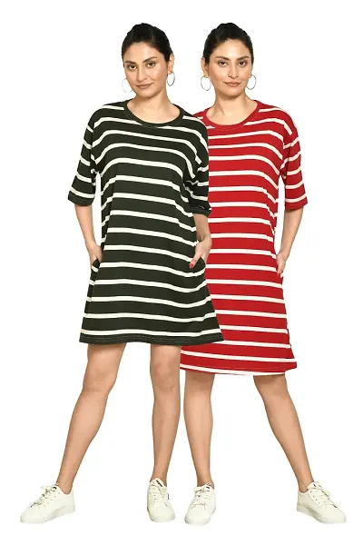 Stylish Blend Striped Round Neck A-Line Dress For Women Pack Of 2