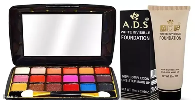 18 Shades Eyeshadow Palate, Shimmery Finish With Apply Brush - Multicolor With ADS Whitening Foundation