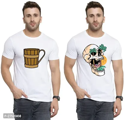 Stylish White Cotton Printed Round Neck Tees For Men Pack Of 2-thumb0