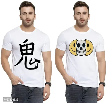 Stylish White Cotton Printed Round Neck Tees For Men Pack Of 2-thumb0