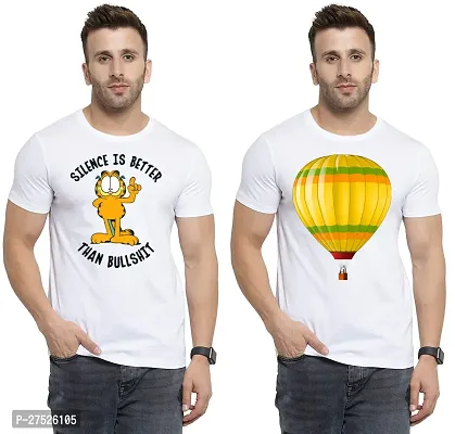 Stylish White Cotton Printed Round Neck Tees For Men Pack Of 2-thumb0