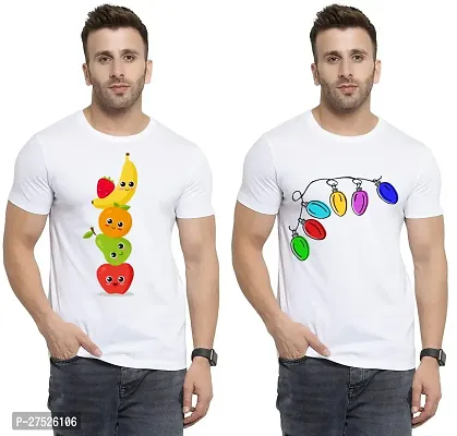 Stylish White Cotton Printed Round Neck Tees For Men Pack Of 2