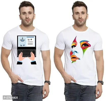 Stylish White Cotton Printed Round Neck Tees For Men Pack Of 2-thumb0