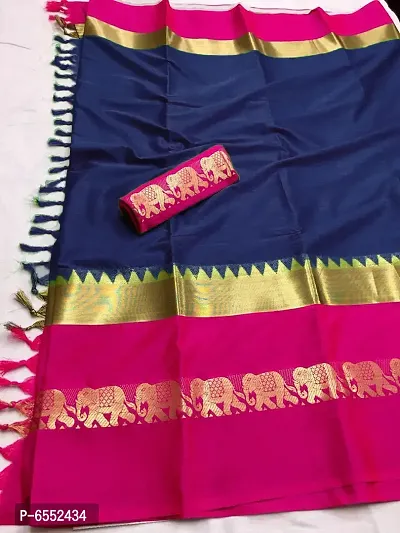 Stylish Haathi Border Cotton Silk Woven Saree With Running Blouse Piece For Women-thumb0