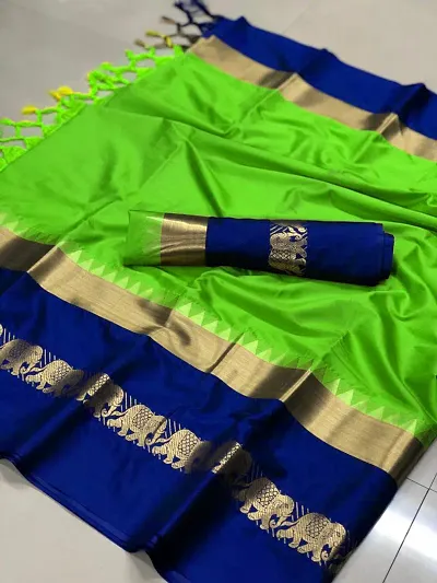 Haathi Border Cotton Silk Woven Sarees With Blouse Piece