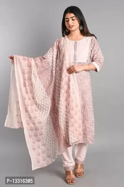 Elegant Pink Self Design Cotton Blend Kurta with Pant And Dupatta Set For Women