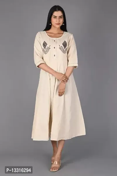 Elegant Cream Embroidered Cotton Kurta For Women-thumb0