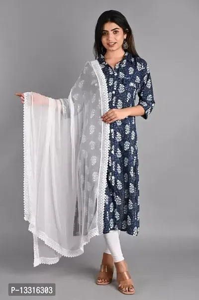 Elegant Blue Printed Cotton Kurta with Dupatta Set For Women-thumb0