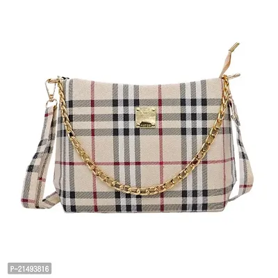 JIGAR Fancy Ladies purse/Sling bag with beautiful PU-LEATHER material with checks design.Comes with Golden Chrome Chain + long leather shoulder Belt. (CREAM)