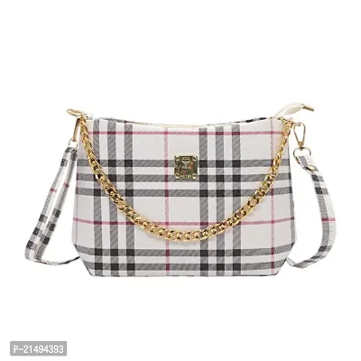 JIGAR Fancy Ladies purse/Sling bag with beautiful PU-LEATHER material with checks design.Comes with Golden Chrome Chain + long leather shoulder Belt. (WHITE)