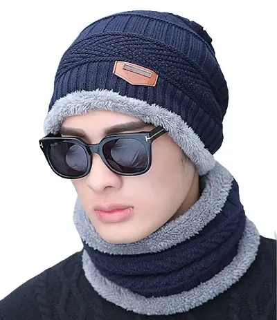 Wool Beanie Cap Muffler for Mens Women (Blue))