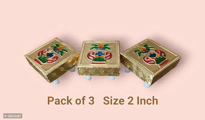 Idol Sitting Small Chowki Pooja for God Idol Wooden Handcrafted Bajot for Mandir in Home Traditional Design  - 2 INCH ( 5 CM ) Golden -Pack of 3