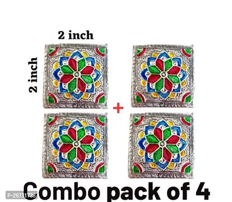 2 INCH ( 5 CM ) Idol Sitting Small Chowki Pooja for God Idol Wooden Handcrafted Small Chowki Pooja Bajot for Mandir in Home Traditional Design Small Chowki Pooja Bajot 2 INCH ( Silver -Pack of 4