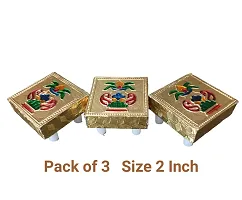 2 Inch (5 CM) Idol Sitting Small Chowki Pooja for God Idol Wooden Handcrafted Small Chowki Pooja Bajot for Mandir in Home Traditional Design Small Chowki Pooja Bajot( Gold -Pack of 3) Size : 2 Inch-thumb2