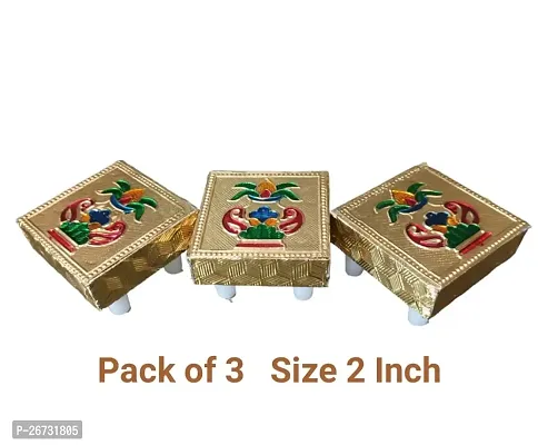 2 Inch (5 CM) Idol Sitting Small Chowki Pooja for God Idol Wooden Handcrafted Small Chowki Pooja Bajot for Mandir in Home Traditional Design Small Chowki Pooja Bajot( Gold -Pack of 3) Size : 2 Inch-thumb3