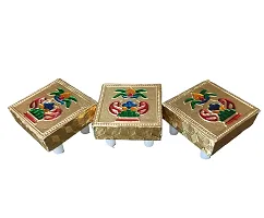 2 Inch (5 CM) Idol Sitting Small Chowki Pooja for God Idol Wooden Handcrafted Small Chowki Pooja Bajot for Mandir in Home Traditional Design Small Chowki Pooja Bajot( Gold -Pack of 3) Size : 2 Inch-thumb3