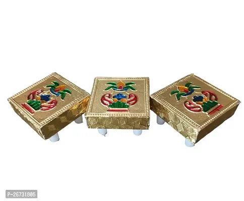 2 Inch (5 CM) Idol Sitting Small Chowki Pooja for God Idol Wooden Handcrafted Small Chowki Pooja Bajot for Mandir in Home Traditional Design Small Chowki Pooja Bajot( Gold -Pack of 3) Size : 2 Inch-thumb4