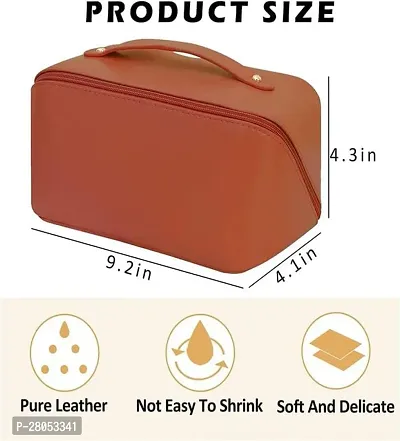 12cms Large Capacity Cosmetic Travel Bag, Women's Makeup Travel Bag Portable Leather Cosmetics Bag, Makeup Storage Bags with Handle and Divider, Wide Opening Cosmetic/Makeup Organizer (Brown)-thumb3