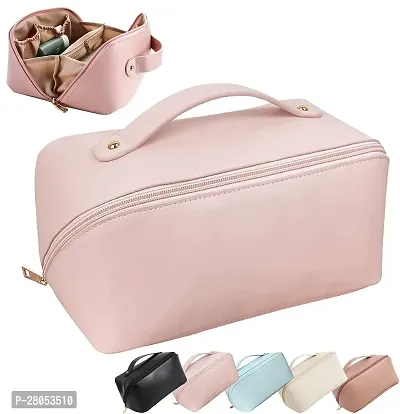 Large Capacity Travel Cosmetic Bag, Leather Makeup Bag with Handle and Divider, Waterproof Cosmetic Bag, Portable Leather Toiletry Bag, Roomy Cosmetic Bag for Women  Girls(Pink)