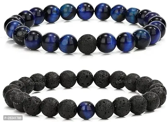 EDMIRIA Beaded Bracelets Couples Matching Distance Combo Bracelet Set Lava Rock Beads for Women Men Stone Jewelry Blue Tiger+Lava