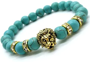 EDMIRIA Natural Semi Precious Stones Gold Silver Plated Lion Charm Reiki Chakra Healing Crystal 8mm Gemstones Beads Elastic Strechable Bracelet for Men Women Gold+Turquoise-thumb1