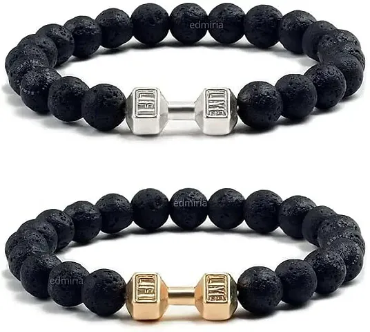 EDMIRIA Couple Combo Matching Best Friend Relationship Stone Bead Dumbbell Charms Bracelet For Unisex Adult LavaSilver+Gold