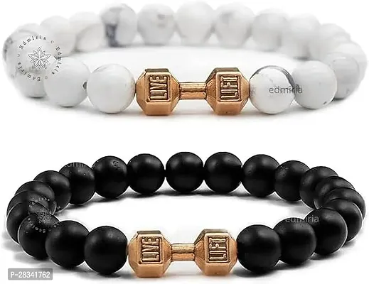 EDMIRIA Howlite Bracelet Black Matte Agate Dumbbell Bracelet 2 Pc Couples Bracelet Distance Bracelet Energy Beads Bracelet for Valentines Day Present Howlite Rosegold + Agate Rosegold