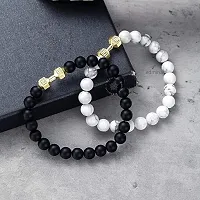 EDMIRIA Howlite Bracelet Black Matte Agate Dumbbell Bracelet 2 Pc Couples Bracelet Distance Bracelet Energy Beads Bracelet for Valentines Day Present Howlite Gold + Agate Gold-thumb2