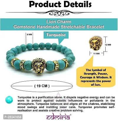 EDMIRIA Natural Semi Precious Stones Gold Silver Plated Lion Charm Reiki Chakra Healing Crystal 8mm Gemstones Beads Elastic Strechable Bracelet for Men Women Gold+Turquoise-thumb3