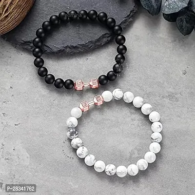 EDMIRIA Howlite Bracelet Black Matte Agate Dumbbell Bracelet 2 Pc Couples Bracelet Distance Bracelet Energy Beads Bracelet for Valentines Day Present Howlite Rosegold + Agate Rosegold-thumb3