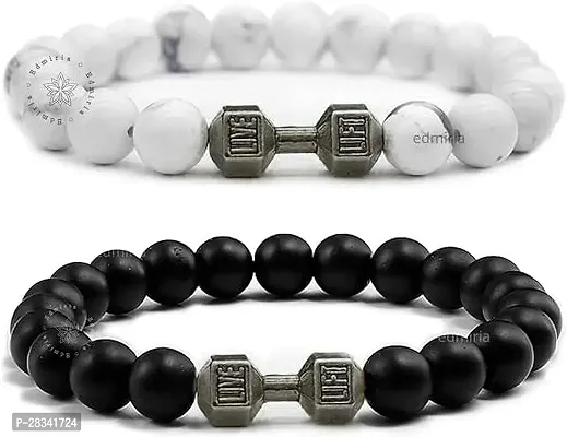 EDMIRIA Howlite Bracelet Black Matte Agate Dumbbell Bracelet 2 Pc Couples Bracelet Distance Bracelet Energy Beads Bracelet for Valentines Day Present Howlite Black+ Agate Black-thumb0