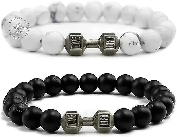 EDMIRIA Howlite Bracelet Matte Agate Dumbbell Bracelet 2 Pc Couples Bracelet Distance Bracelet Energy Beads Bracelet for Valentines Day Present Howlite + Agate