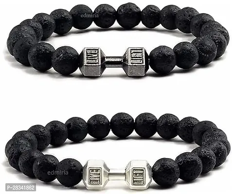 EDMIRIA Friendship 2 PCS Dumbbell Bracelet for Man Gym Bracelet 8mm Lava Natural Stone Stretch Beads Bracelet with Dumbbell Weight Bracelet for Menn Lava Black + Lava Silver-thumb0