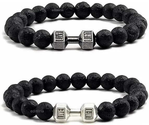 EDMIRIA Friendship 2 PCS Dumbbell Bracelet for Man Gym Bracelet 8mm Lava Stone Stretch Beads Bracelet with Dumbbell Weight Bracelet for Menn Lava + Lava