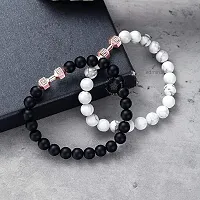 EDMIRIA Howlite Bracelet Black Matte Agate Dumbbell Bracelet 2 Pc Couples Bracelet Distance Bracelet Energy Beads Bracelet for Valentines Day Present Howlite Rosegold + Agate Rosegold-thumb1