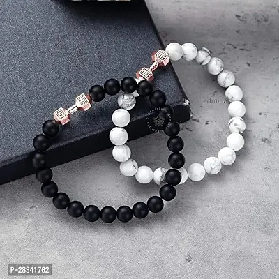 EDMIRIA Howlite Bracelet Black Matte Agate Dumbbell Bracelet 2 Pc Couples Bracelet Distance Bracelet Energy Beads Bracelet for Valentines Day Present Howlite Rosegold + Agate Rosegold-thumb2