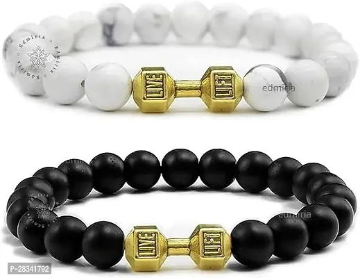 EDMIRIA Howlite Bracelet Black Matte Agate Dumbbell Bracelet 2 Pc Couples Bracelet Distance Bracelet Energy Beads Bracelet for Valentines Day Present Howlite Gold + Agate Gold