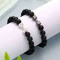 EDMIRIA Friendship 2 PCS Dumbbell Bracelet for Man Gym Bracelet 8mm Lava Natural Stone Stretch Beads Bracelet with Dumbbell Weight Bracelet for Menn Lava Black + Lava Silver-thumb1