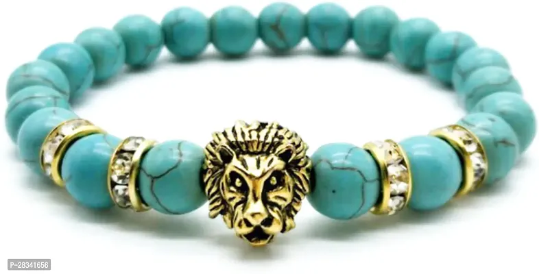 EDMIRIA Natural Semi Precious Stones Gold Silver Plated Lion Charm Reiki Chakra Healing Crystal 8mm Gemstones Beads Elastic Strechable Bracelet for Men Women Gold+Turquoise-thumb0