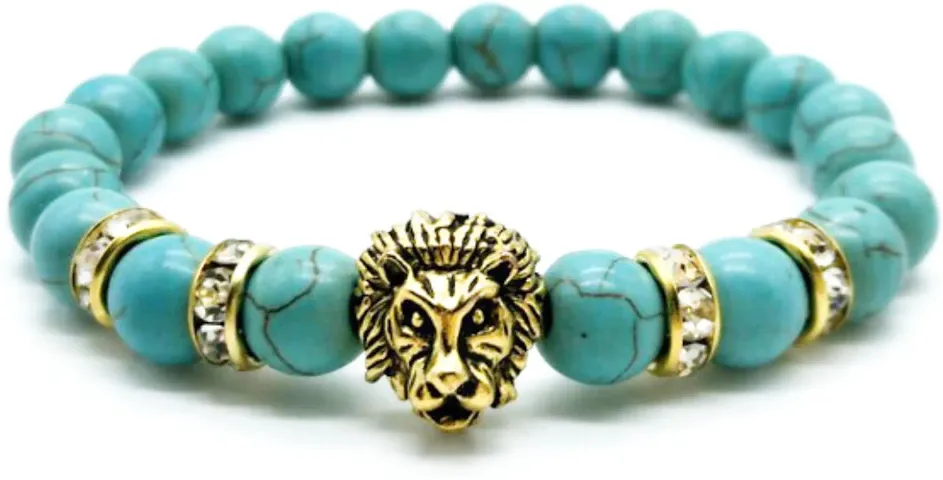 EDMIRIA Semi Precious Stones Plated Lion Charm Reiki Chakra Healing Crystal 8mm Gemstones Beads Elastic Strechable Bracelet for Men Women Gold+Turquoise