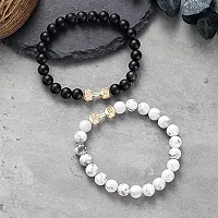 EDMIRIA Howlite Bracelet Black Matte Agate Dumbbell Bracelet 2 Pc Couples Bracelet Distance Bracelet Energy Beads Bracelet for Valentines Day Present Howlite Gold + Agate Gold-thumb3