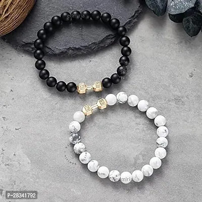 EDMIRIA Howlite Bracelet Black Matte Agate Dumbbell Bracelet 2 Pc Couples Bracelet Distance Bracelet Energy Beads Bracelet for Valentines Day Present Howlite Gold + Agate Gold-thumb4