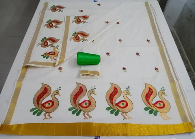 Beautiful Cotton Kasavu Peacock Border Embroidered Sarees with Blouse Piece