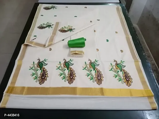 Beautiful Cotton Kasavu Peacock Embroidery Work Saree with Blouse piece