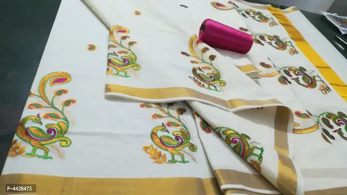 Beautiful Cotton Kerala Kasavu Peacock Embroidery Work Saree with Blouse piece